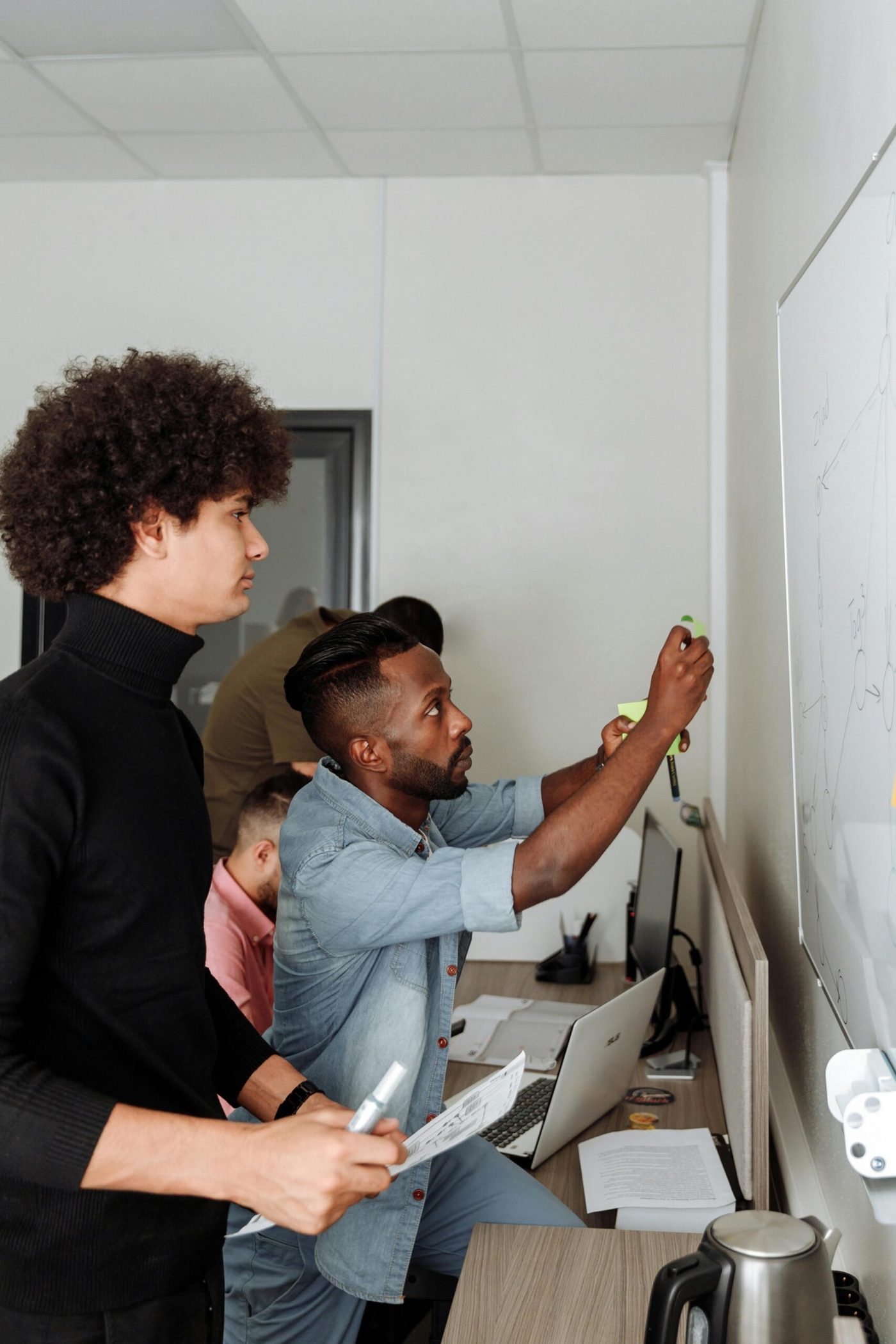 Colleagues planning at a whiteboard